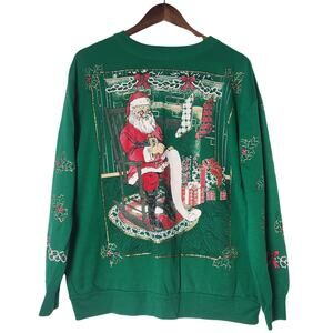 VTG Santa Ugly Christmas Sweatshirt Crewneck M Unisex Green Glitter Acrylic USA